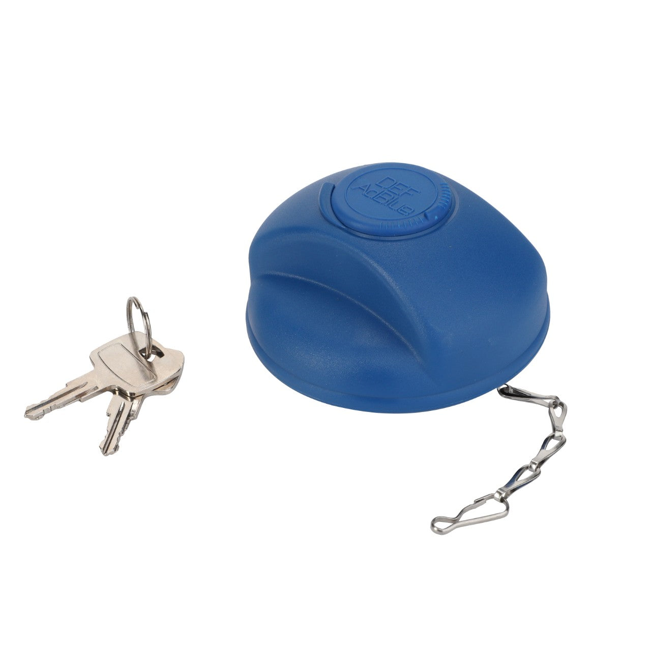 A blue AGCO Locking Cap, Def/Ad Blue - Acw0141220 key safe on a white background, with a set of keys attached to a short chain beside it, featuring Genuine Controls for added reliability.