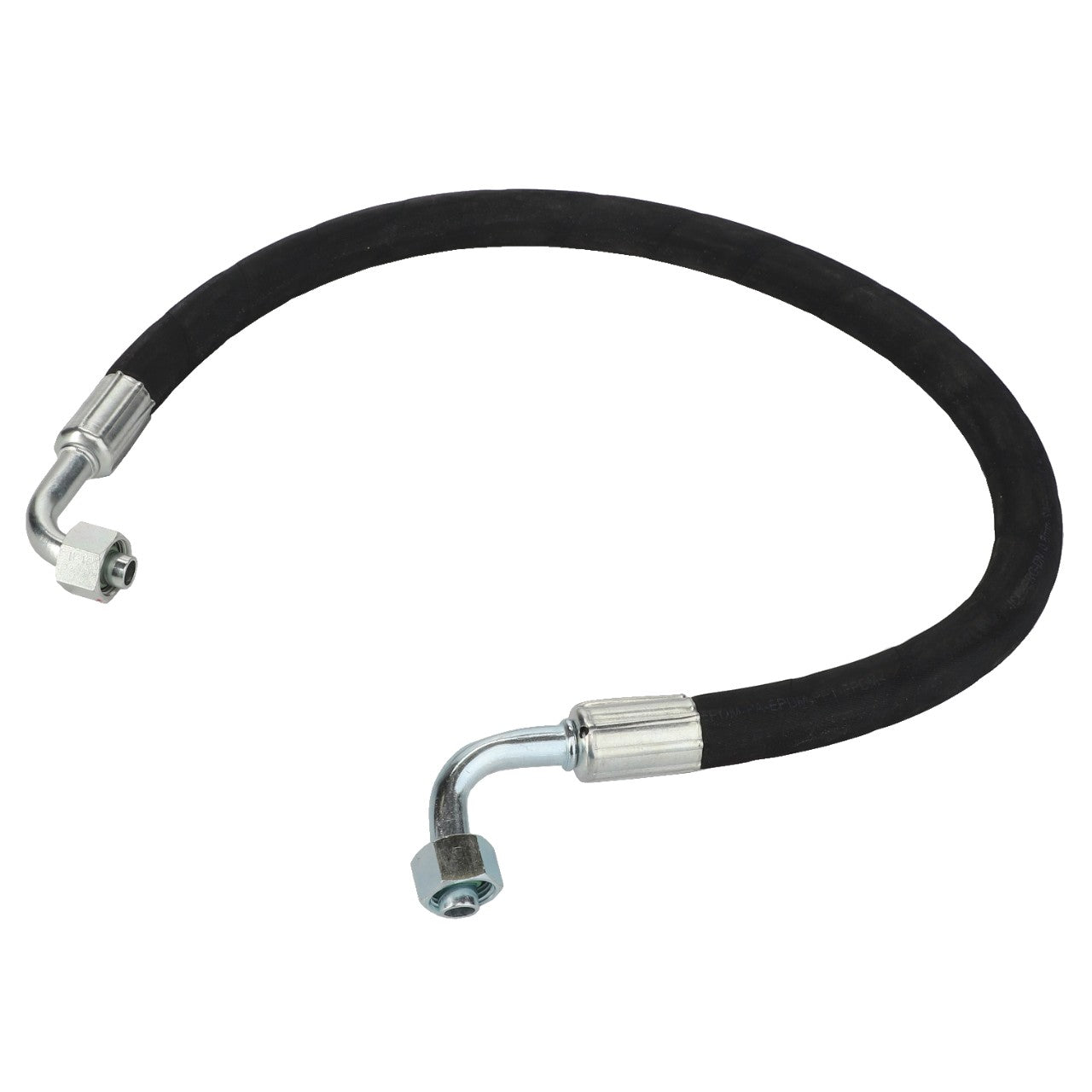 Introducing the AGCO | HOSE - D45080059 from AGCO: a flexible black hydraulic hose equipped with metal fittings on both ends, featuring one straight and one curved connection.