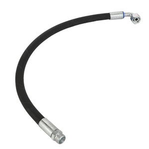 The AGCO | Hydraulic Hose - Acw1444260 by AGCO is a black, flexible hydraulic hose featuring durable metal fittings at both ends, including one straight and one angled fitting, designed specifically for high-pressure applications.