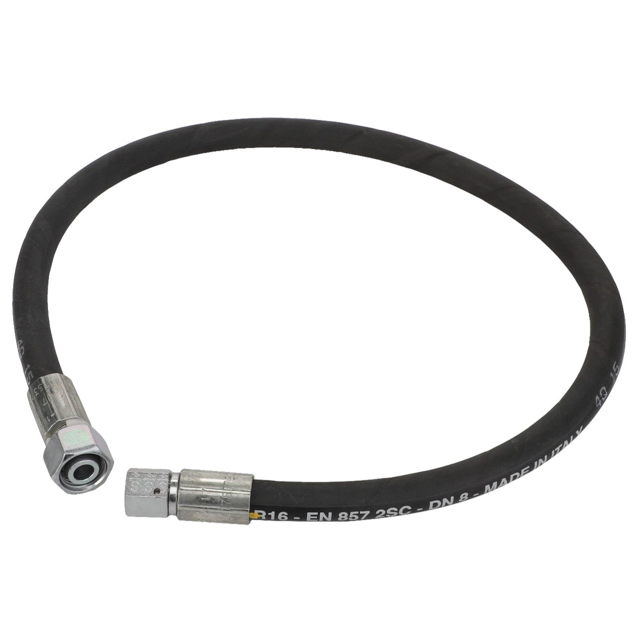 The AGCO Hydraulic Hose - Acw1753720, a black hydraulic hose featuring metal connectors at both ends, is coiled in a semi-circle.