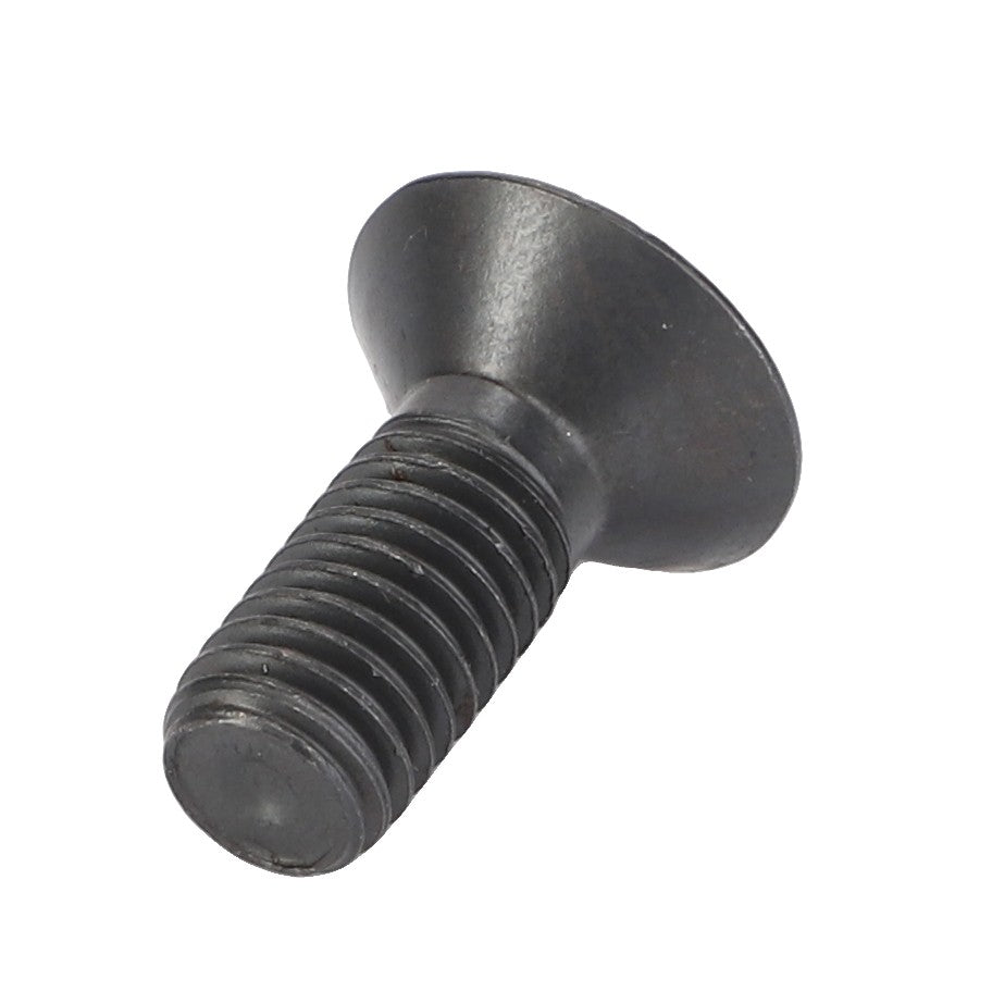 Close-up image of the AGCO | Screw - F339300021020, a black, flathead, countersunk screw with a threaded shaft, carefully detailed to highlight its precision engineering.