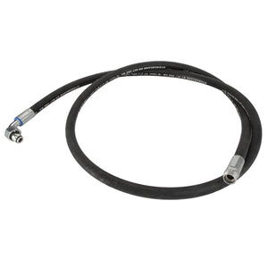 A coiled black hydraulic hose from AGCO, labeled as "AGCO | Hose - Acw2578540" and featuring metal fittings on both ends, is shown against a white background. The product description highlights the hose, which has white text printed along one side.