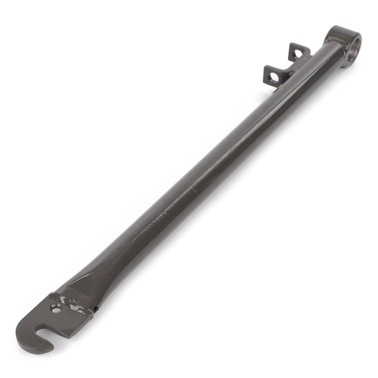 The AGCO | Arm Divider, Torpedo Type - D28282756 is a long, black, metallic rod equipped with a hook and mounting brackets at each end, engineered for maximum uptime and peak efficiency.