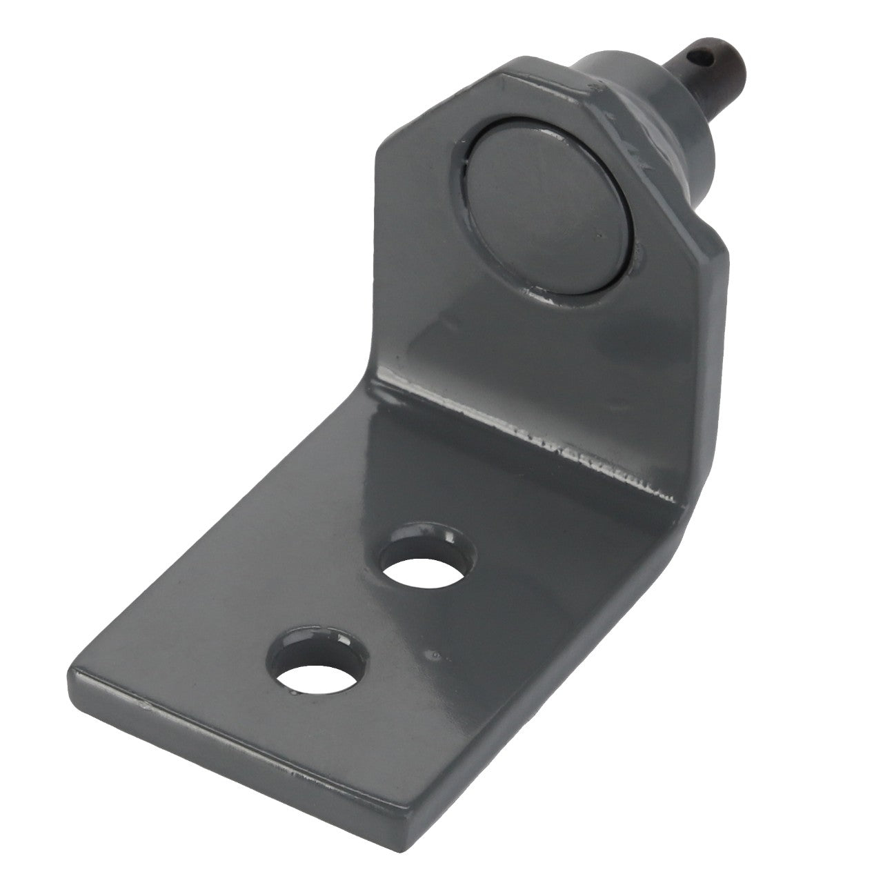 The AGCO | CLEVIS PIN - D28188489 is a grey metal mounting bracket featuring two drilled holes for fastening and a cylindrical component on the end. Further product description is currently unavailable.