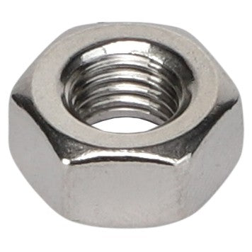 Close-up of the HEX NUT - AG562121 from AGCO, a hexagonal metal nut with internal threading, frequently used alongside a bolt to securely fasten components.