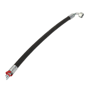 The AGCO | Hydraulic Hose - Acx2835960 by AGCO is a black and silver hydraulic hose with metal fittings at both ends, featuring a red cap on one end. Designed to withstand extreme temperatures, this abrasion-resistant hose is built for durability.