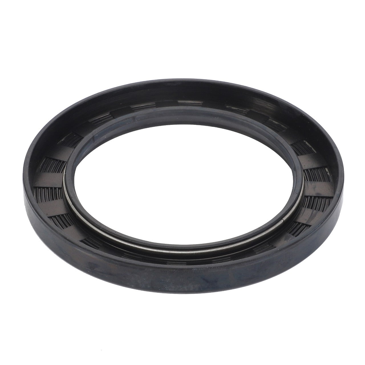 A close-up of the AGCO | Gasket, Rear Hub - D45408800, a black circular mechanical seal made from high-quality materials, typically used for sealing the gaps between stationary and moving components in machinery.