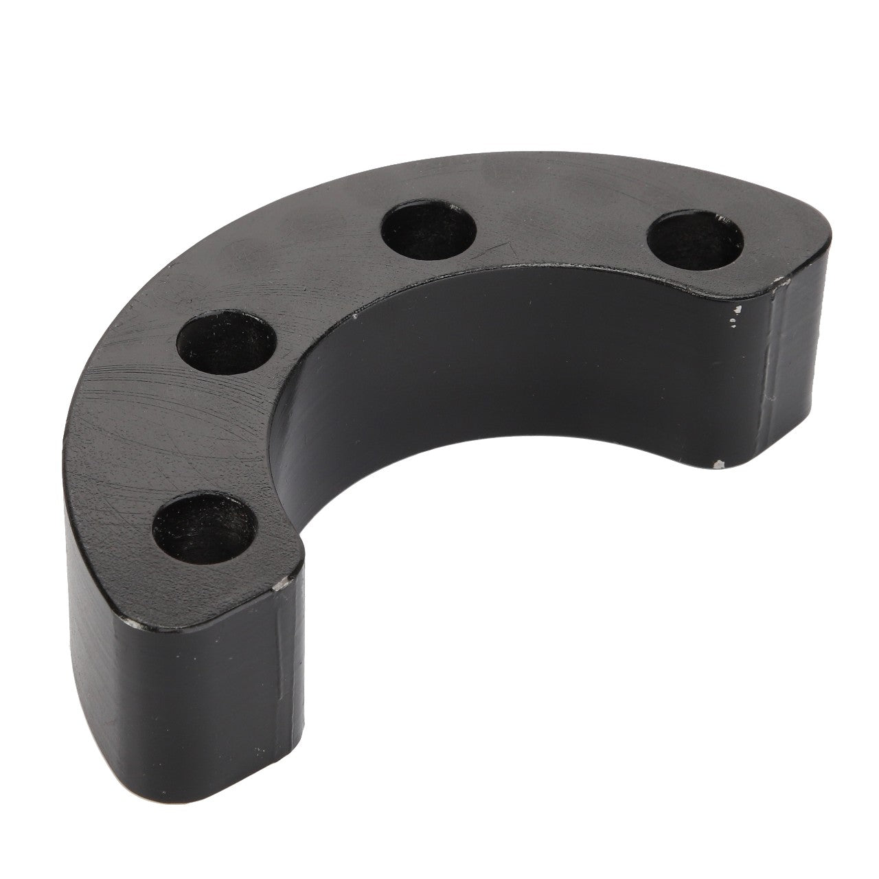 Product Description: The AGCO | BUSH - D28285429 is a black, semi-circular metal piece featuring four evenly spaced holes along its curved edge, brought to you by the trusted AGCO brand.