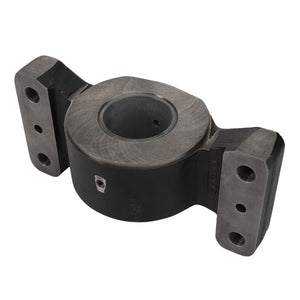 The AGCO Bearing Carrier - 4280122M12 is a metal mechanical component featuring a circular central cavity and two flat, rectangular flanges on either side, each with two bolt holes.