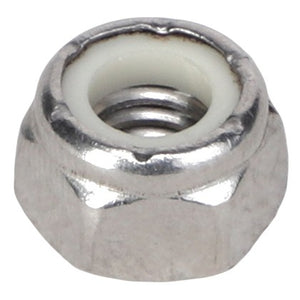 A close-up image of the AGCO Hex Nylon Insert Locknut - AG516403, showcasing its metallic body and white nylon insert, which is typically used to prevent loosening in bolted connections. No current product description information is available.