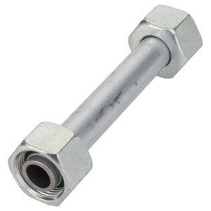 The AGCO Pipe - Acw5731470 is a metal pipe connector equipped with hexagonal nuts on both ends. Unfortunately, there is no further product description information available at this time.