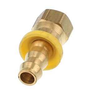 The AGCO FITTING - AG712739, a brass barb connector enhanced with a hex nut and complemented by a durable yellow washer.