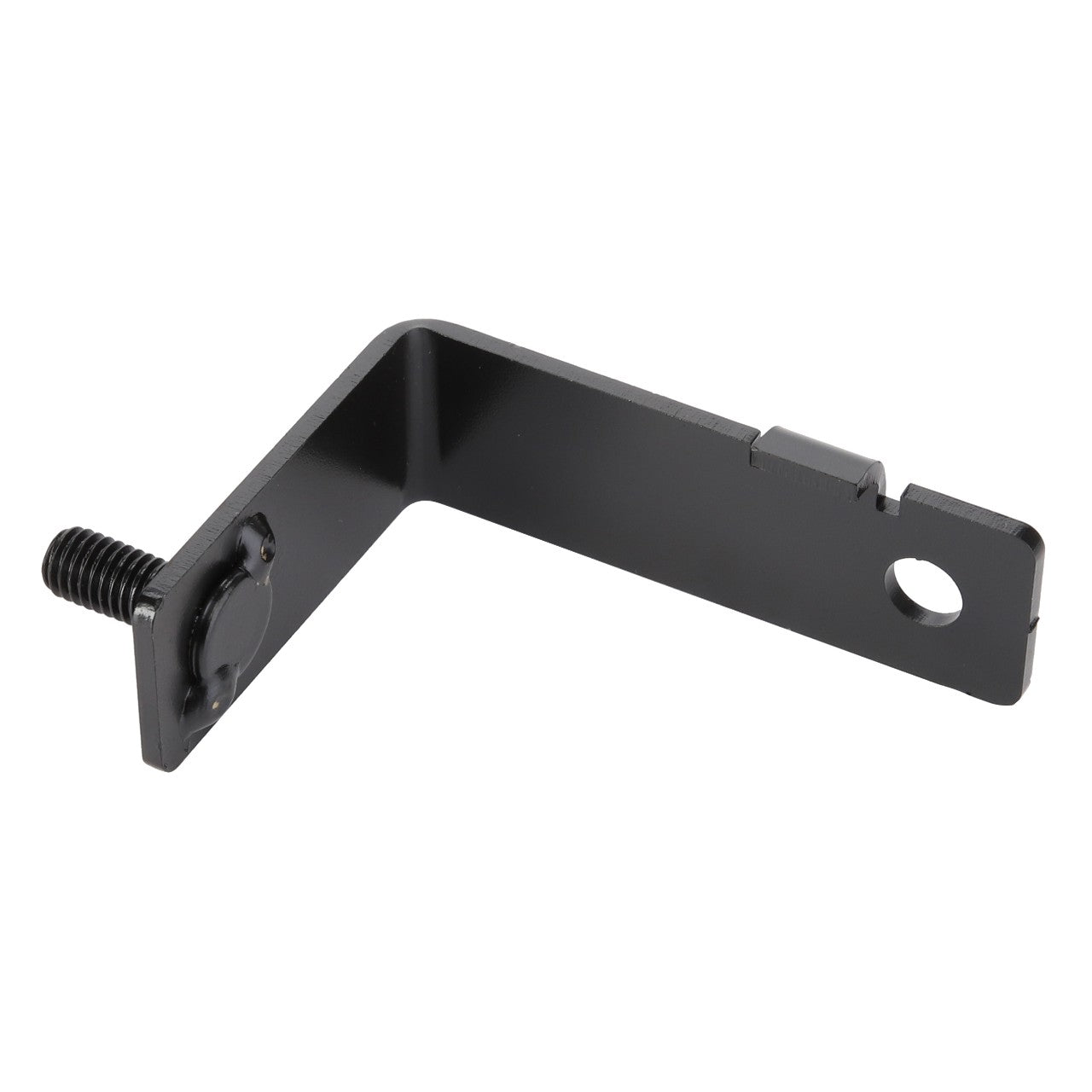 Introducing the AGCO Bracket - Acw0787180: This sleek black metal L-bracket features a threaded bolt on one end and a hole on the other, making it perfect for secure and versatile mounting.