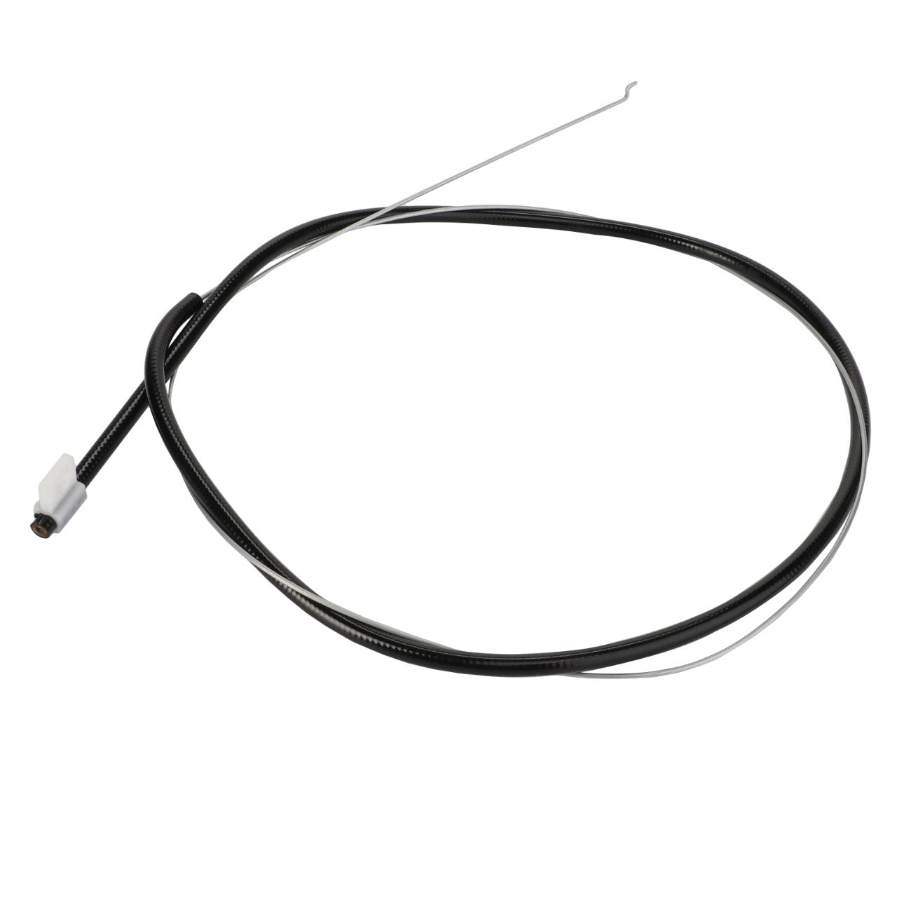 The AGCO | Bowden Cable, Ac & Heater - Acp0370030 from AGCO is a long, black coaxial cable featuring a white connector on one end and a thin, straight wire protruding from the other end.