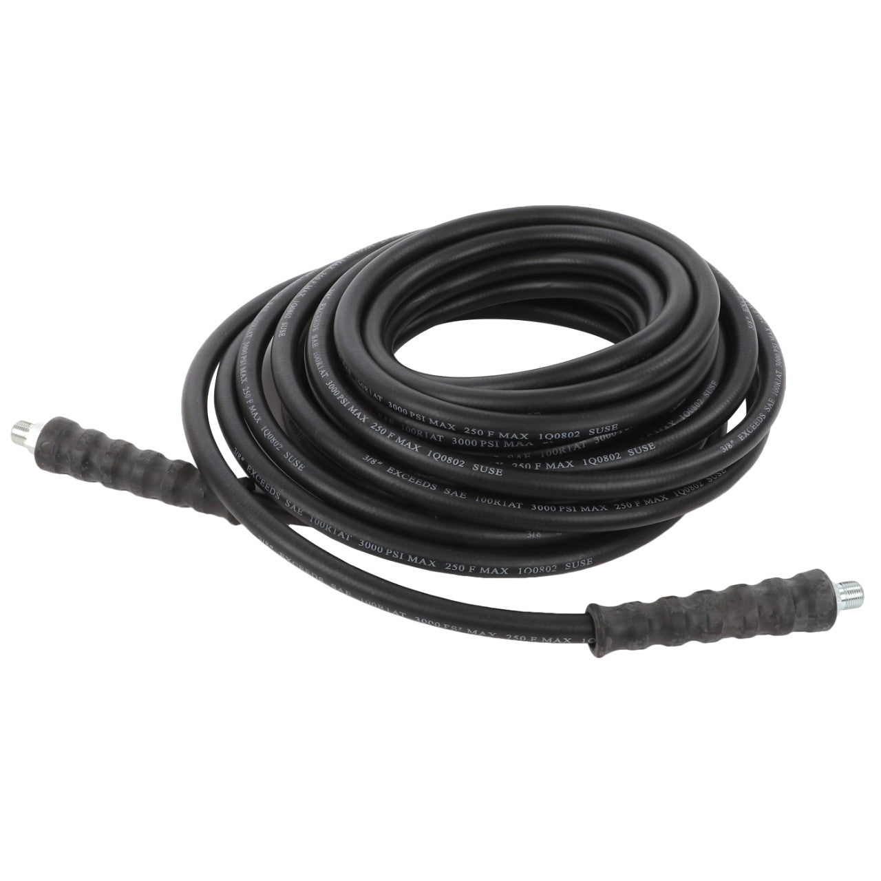 The AGCO | HOSE - AG610655 is a black pressure washer hose featuring textured grips and metallic connector ends.