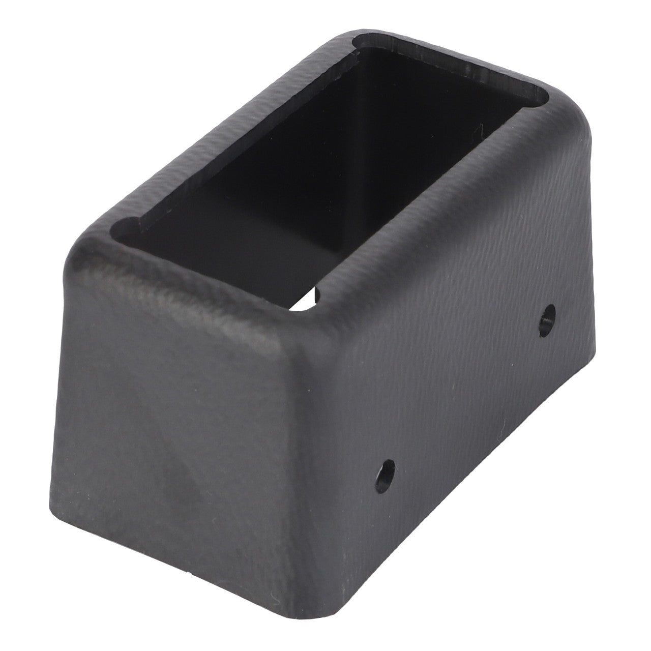 Rectangular black plastic or metal bracket with a hollow center and two screw holes on each side, compatible with Massey Ferguson equipment: AGCO | Support - 3618105M1 by AGCO.