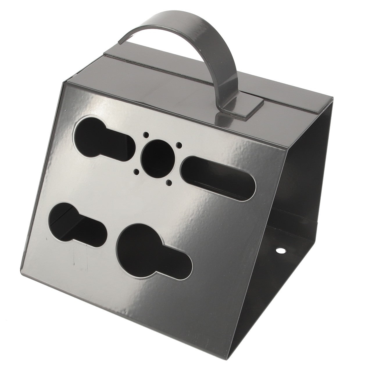 The AGCO | BOX - D28281937 by AGCO is a gray metal holder featuring variously shaped holes and a convenient handle on top.