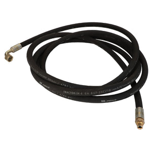 A coiled black hydraulic hose from AGCO, product name HOSE - D49070080, featuring metal fittings on both ends. Text and specifications are printed along its length; additional features or capabilities are not specified.