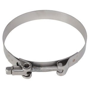 The AGCO | Hose Clamp T-Bolt - AG517155 is a metal hose clamp featuring a screw and bolt mechanism, designed to effectively secure hoses or tubes for an optimal seal.