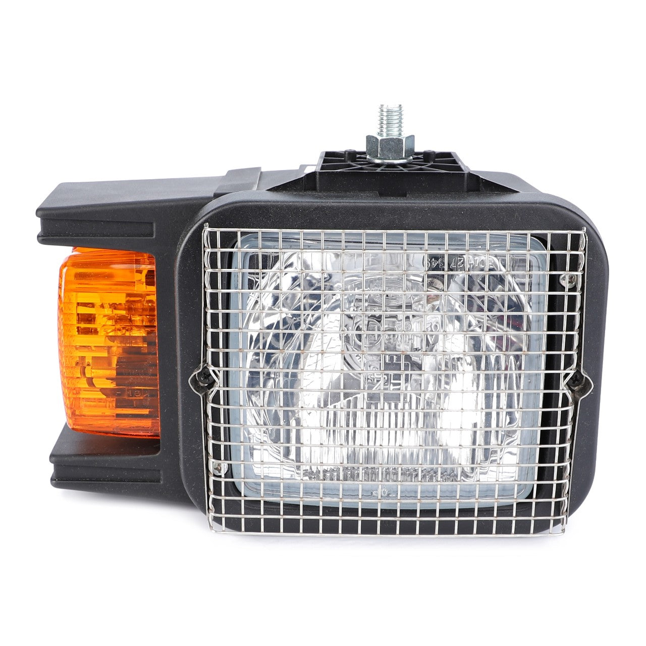 Close-up of the AGCO Combination Light, Headlight & Turn Signal (Left Side - AG519211) with a protective metal mesh cover and an attached amber turn signal indicator on the left side. Mounted on a black housing with a metal screw on top, this durable quality lighting system by AGCO ensures optimal illumination for enhanced visibility.