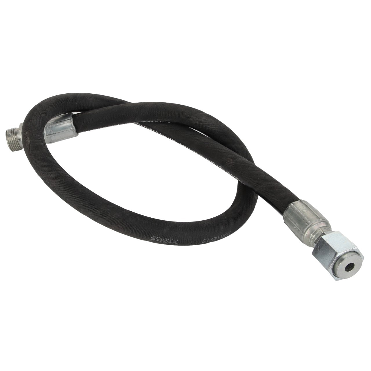 An AGCO hydraulic hose, model 4389251M1, featuring metal fittings on both ends and coiled in a loop, in the color black. No current product description available.