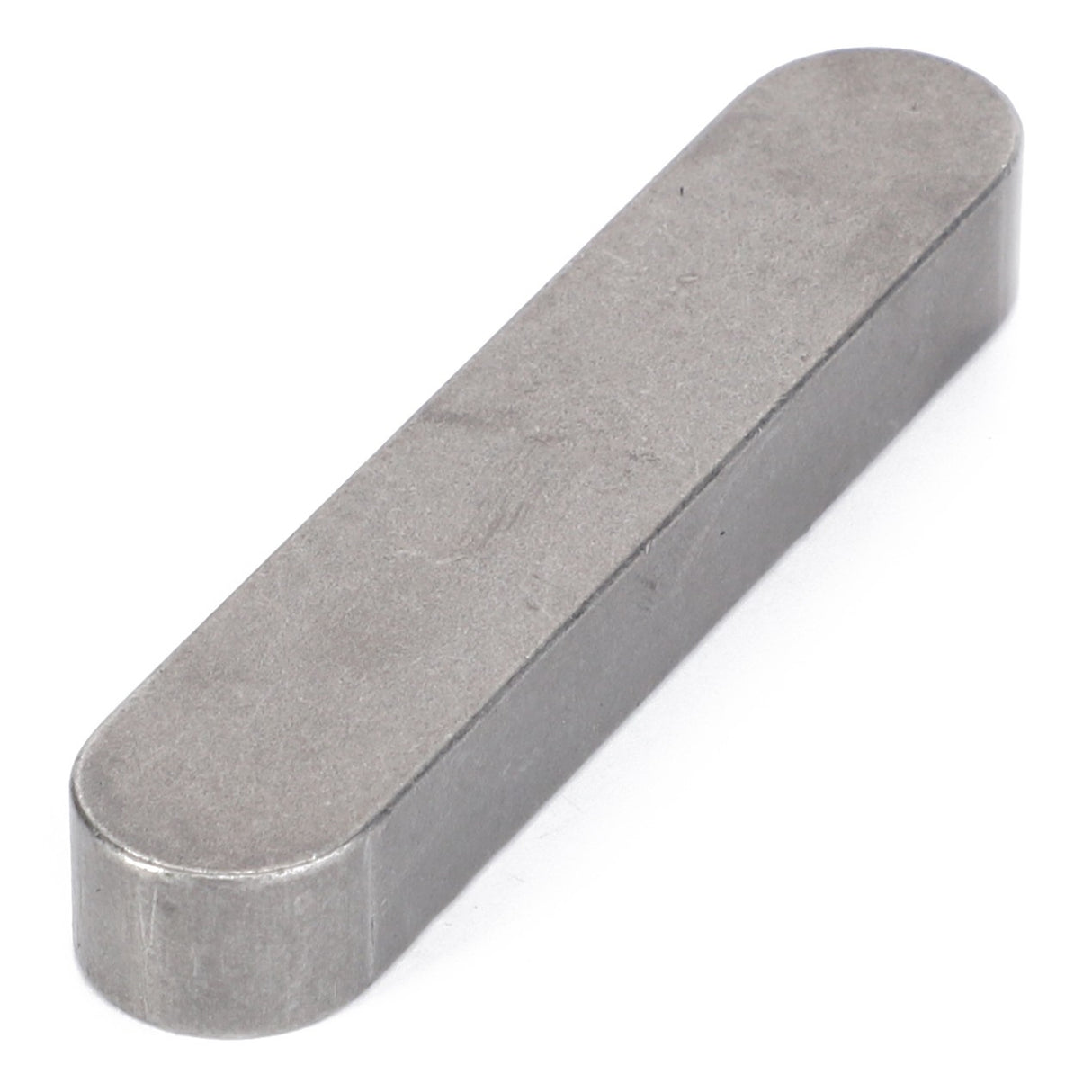 The AGCO | PARALLEL KEY - D43107900 by AGCO is a plain, rectangular metallic key with rounded ends, typically used in mechanical assemblies for securing shafts and gears.