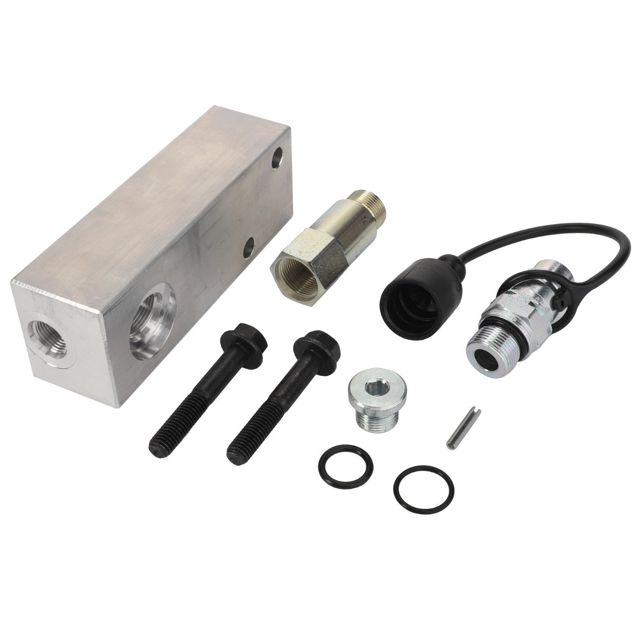 Explore the AGCO | Hydraulic Kit - Acp0617340, an assortment of metal and rubber hydraulic components for Massey Ferguson equipment that includes a block, bolts, fittings, O-rings, and a cable-attached sensor.