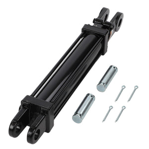 No current product description available for the AGCO | Hydraulic Cylinder - Acp0147890 in black, featuring two steel pins and four cotter pins, displayed on a white background.