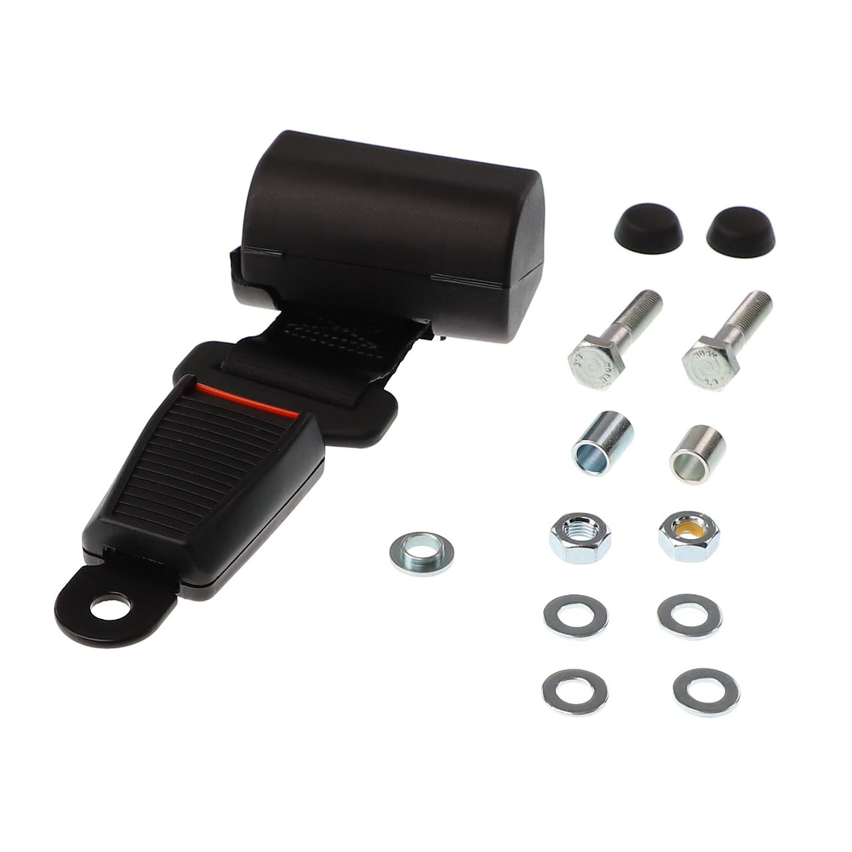 The AGCO KIT, BELT - ACP0349880 includes a black seat belt buckle receiver, as well as mounting hardware such as bolts, nuts, washers, and rubber caps. For any ordering questions, please contact our support team.