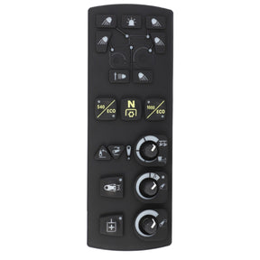 The AGCO | Keyboard, Side Console - Acw1065700 from AGCO is a black control panel featuring various illuminated buttons and knobs with labels related to machinery settings and functionalities, reminiscent of advanced systems found in Massey Ferguson equipment.