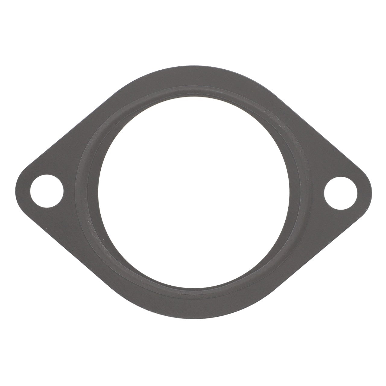 The AGCO Gasket - F530200090440 is a round, gray metal gasket with two bolt holes on either side for secure fastening.