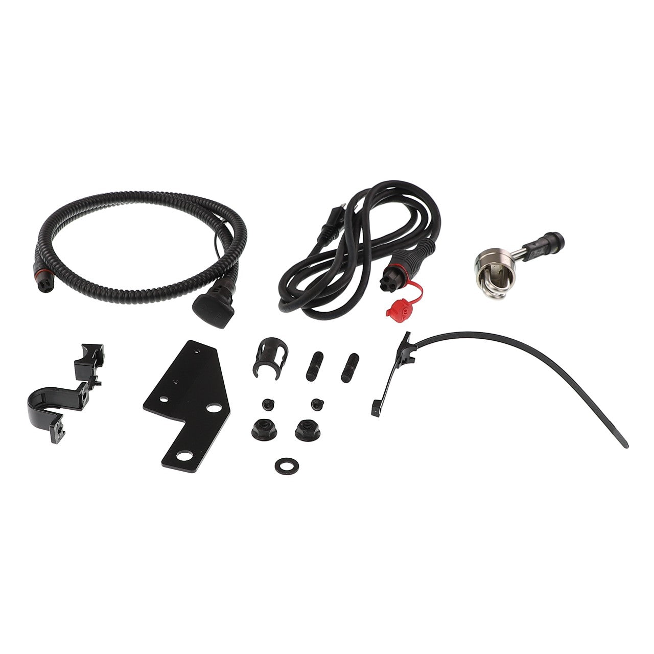 A collection of various cables, brackets, and small hardware components laid out on a white background. Current product available: AGCO | Engine Block Heater - Acw070982A by AGCO.