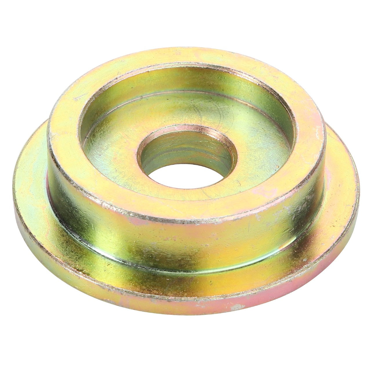 A metallic AGCO | SPACER - D28284970 washer featuring a central hole and two concentric outer rings, characterized by a striking yellowish-green reflective surface.