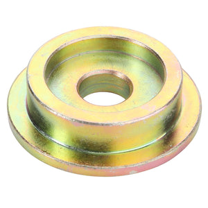 A metallic AGCO | SPACER - D28284970 washer featuring a central hole and two concentric outer rings, characterized by a striking yellowish-green reflective surface.