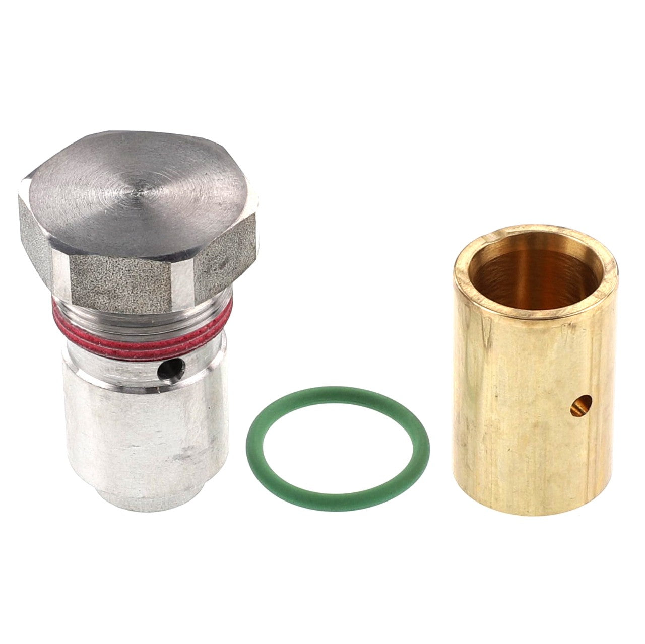 A cylindrical brass component with a small hole, a green rubber O-ring, and a metal threaded bolt are arranged side by side. Product: AGCO | ADJUSTMENT - F931941011010 from the brand AGCO.