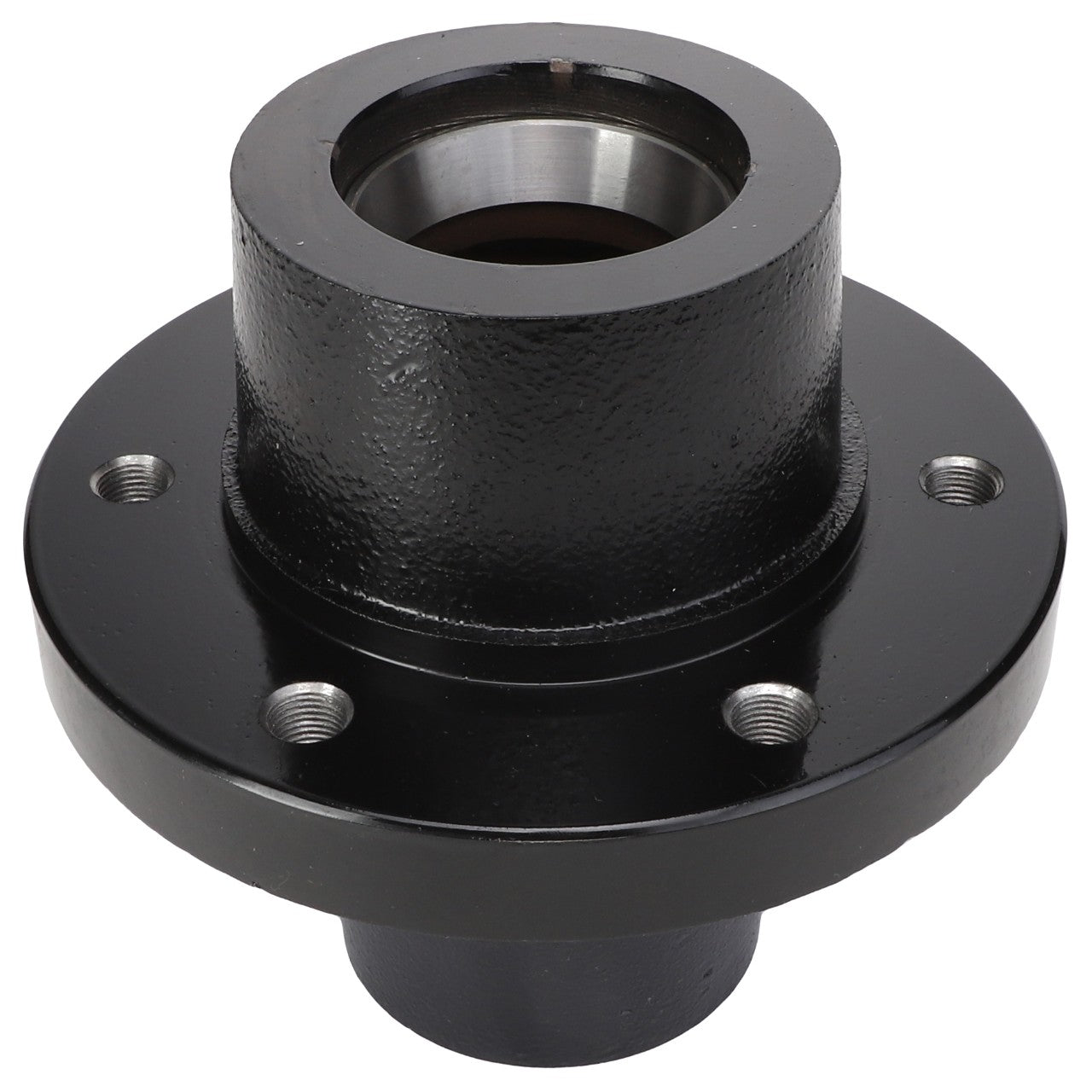 Introducing the AGCO | Hub - Ba5201, a sleek, black metal flange with a circular design. It features four evenly spaced bolt holes around the base and a central opening.