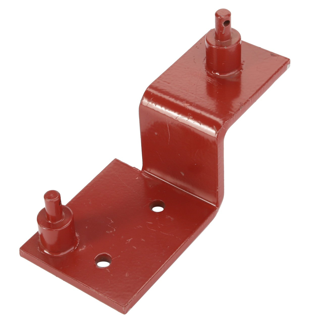 The AGCO Bracket (Product Code: D28282449) is a red, metal component with a 90-degree bend. It features two cylindrical pegs and two holes.