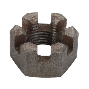 The AGCO | NUT - D25200384 is a robust metal castle nut featuring six precision slots and an internally threaded hole for secure fastening.