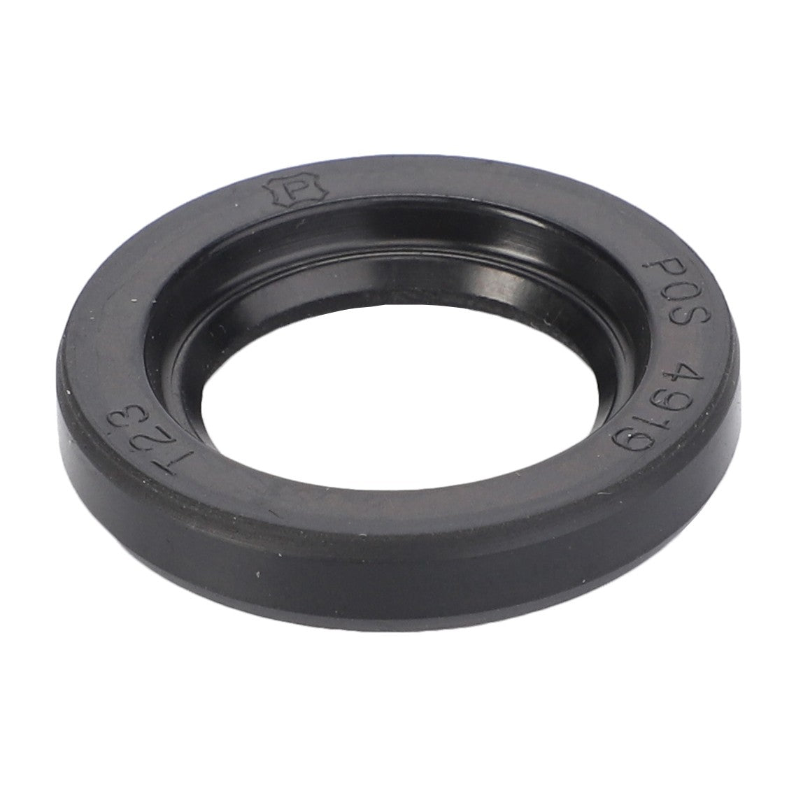 The AGCO | Seal, Pto Lever - 894307M1 is a black rubber gasket with an inner diameter of approximately 1 inch, featuring embossed numbers and letters around the outer edge, making it ideal for Massey Ferguson models.