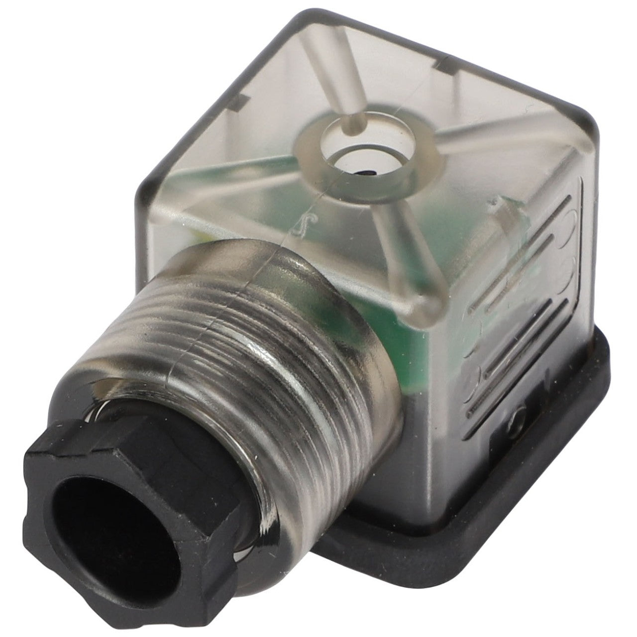 The AGCO | CONNECTOR - AL5024376 by AGCO is a transparent industrial electrical connector featuring a hexagonal base and a threaded metallic coupling, viewed from a slightly angled perspective. No current product description information is available.