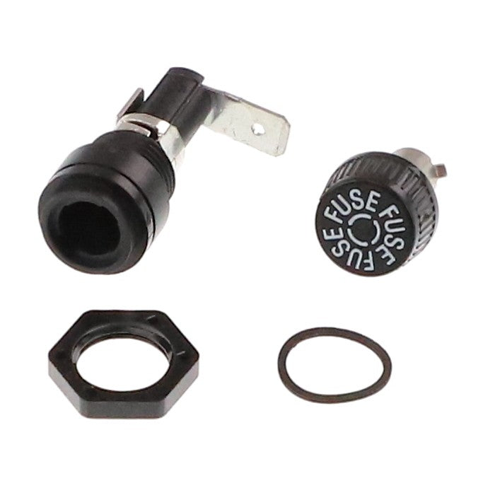 A black fuse holder assembly, branded AGCO, with a fuse cap labeled "FUSE," along with a mounting nut and a rubber gasket. For more details, see the product description of AGCO | FUSE - 8025652 or contact support for ordering questions.