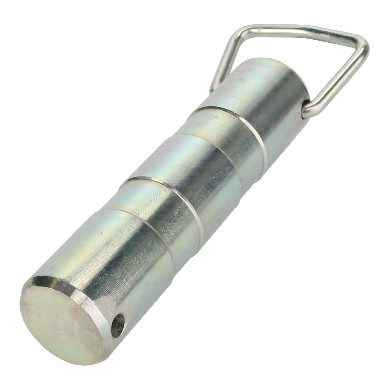 Product Name: AGCO | Cylinder Pin - Acw1635850
Brand Name: AGCO

Description:
The AGCO Cylinder Pin - Acw1635850 is a metal cylindrical pin with a rounded end and a flat base, featuring three grooved rings along its length. It is equipped with a looped metal handle attached to one end, making it easy to manipulate and utilize in various applications.