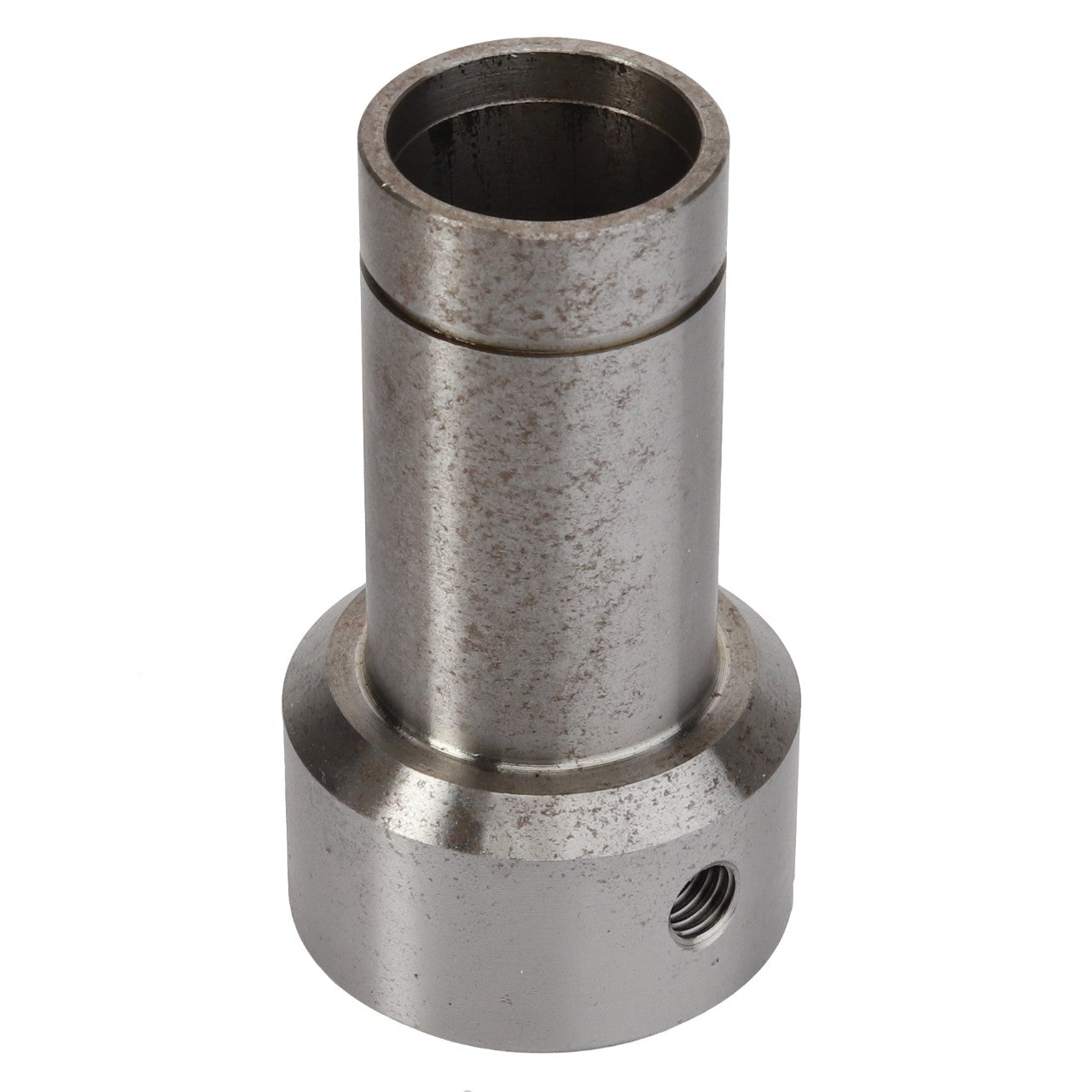 The AGCO | Bush - La322025550, is a metal pipe connector featuring a cylindrical shaft and a threaded hole on its base. No current product description information is available.