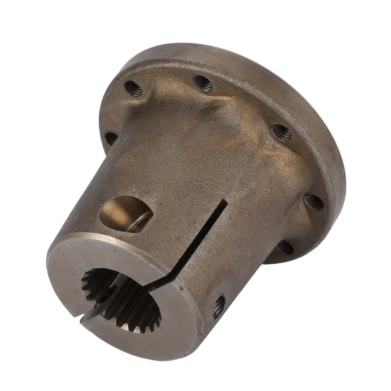 The AGCO Half Yoke - 4273481M1 is a cylindrical metal mechanical part designed for Massey Ferguson machinery, featuring multiple holes and a gear-like interior section.