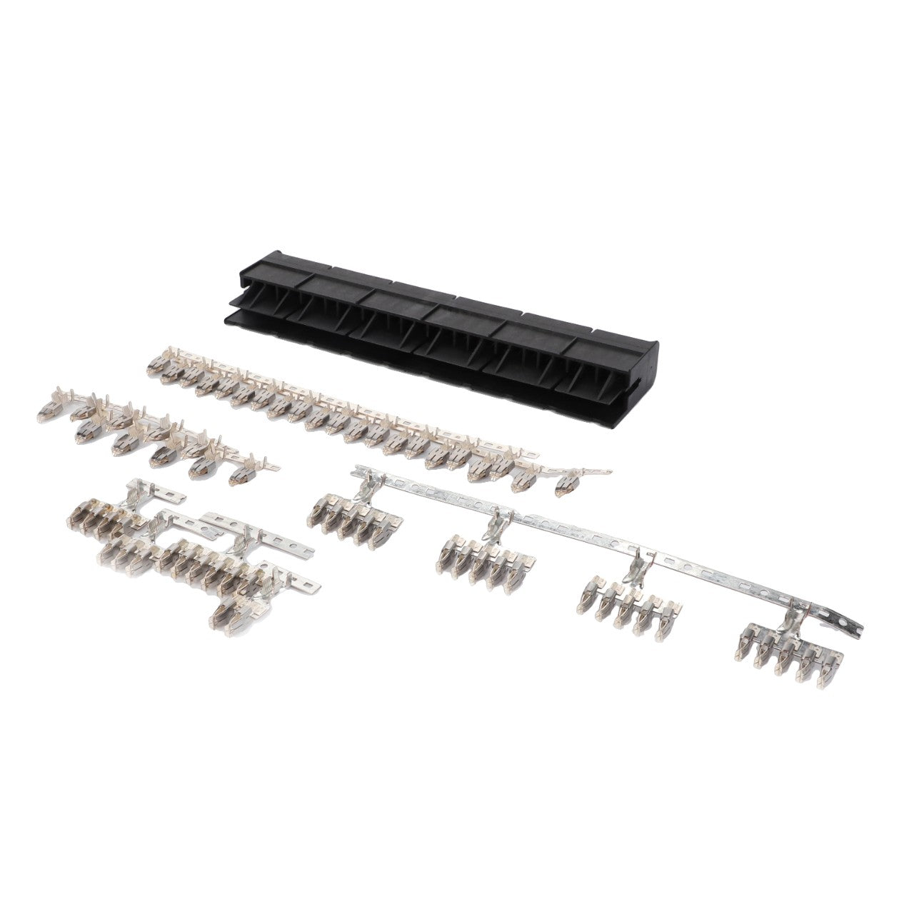 A collection of AGCO metal terminal connectors and an elegant black AGCO plastic holder, systematically displayed on a white surface. No additional product details are discernible.