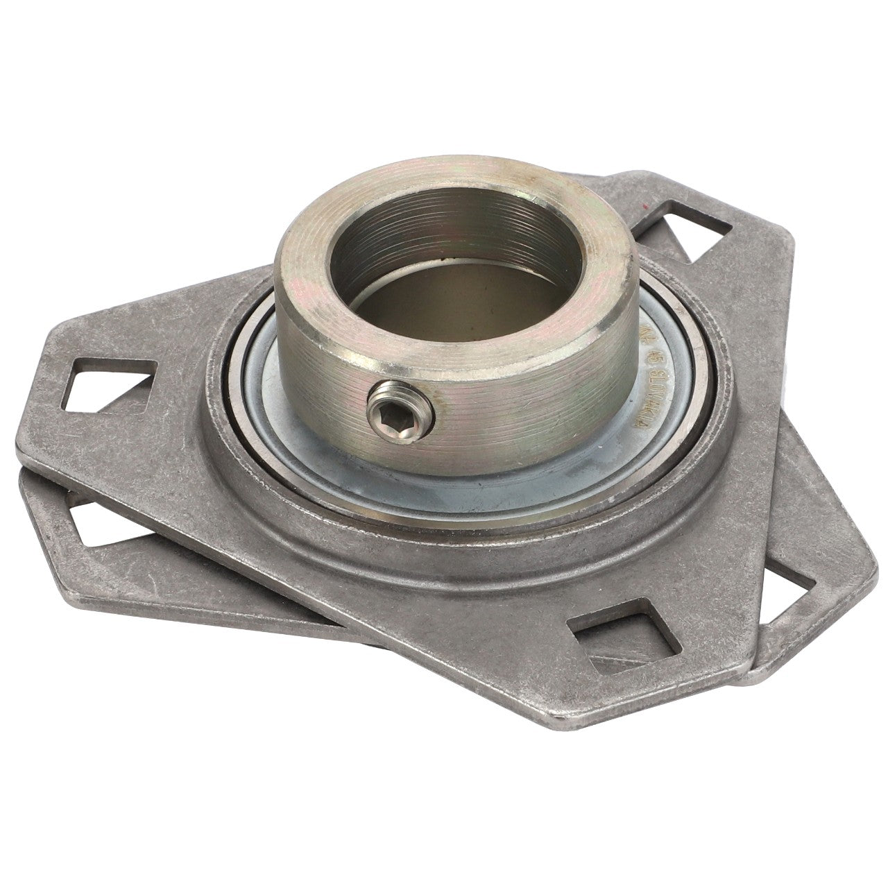 The AGCO BEARING - D41713800 is a metal flange bearing with a threaded opening and square mounting plate. No additional information available.