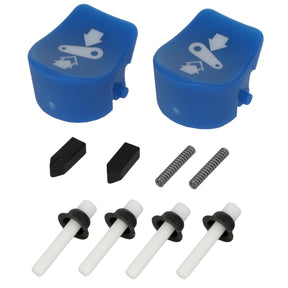 AGCO's Switch Kit (Actuating, Arm Rest - F835970160061) includes two blue plastic caps with white icons, two small black rectangular pieces, two metal springs, and four white plastic pegs with black washers laid out on a white background—ideal for Massey Ferguson machinery.