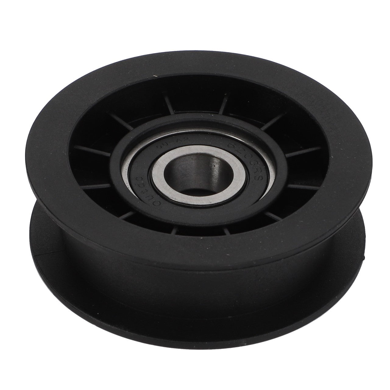 The AGCO | PULLEY - CG1256015540 is a sleek black plastic pulley featuring a durable metal bearing in the center.