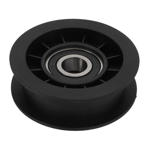 The AGCO | PULLEY - CG1256015540 is a sleek black plastic pulley featuring a durable metal bearing in the center.