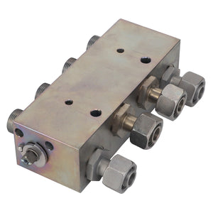 The AGCO | Valve - Acw1373070, a versatile metal hydraulic manifold block from AGCO, features multiple fittings and ports that seamlessly connect and manage fluid flow in your advanced hydraulic system.